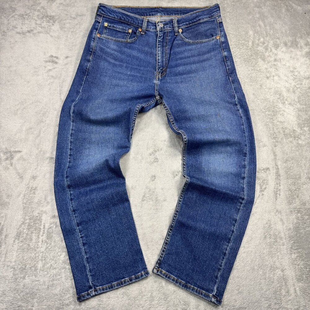 Levis 505 Stretch Regular Fit Jeans Whiskering Straight Leg Denim Medium Wash